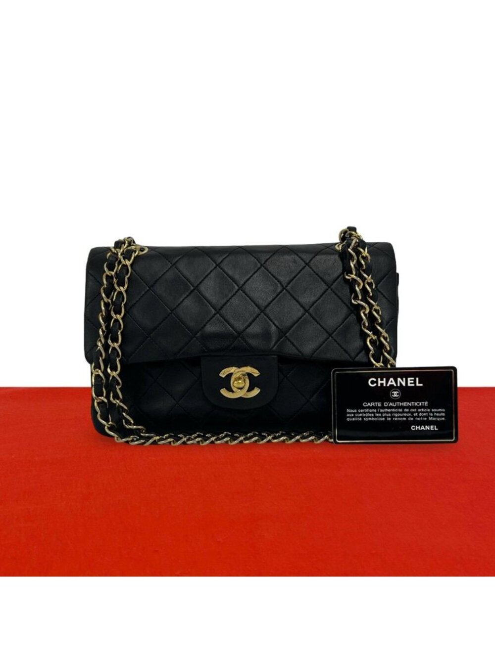 Chanel 2 Quilted CC Logo Double Flap Lambskin Leather Chain Shoulder Bag Black